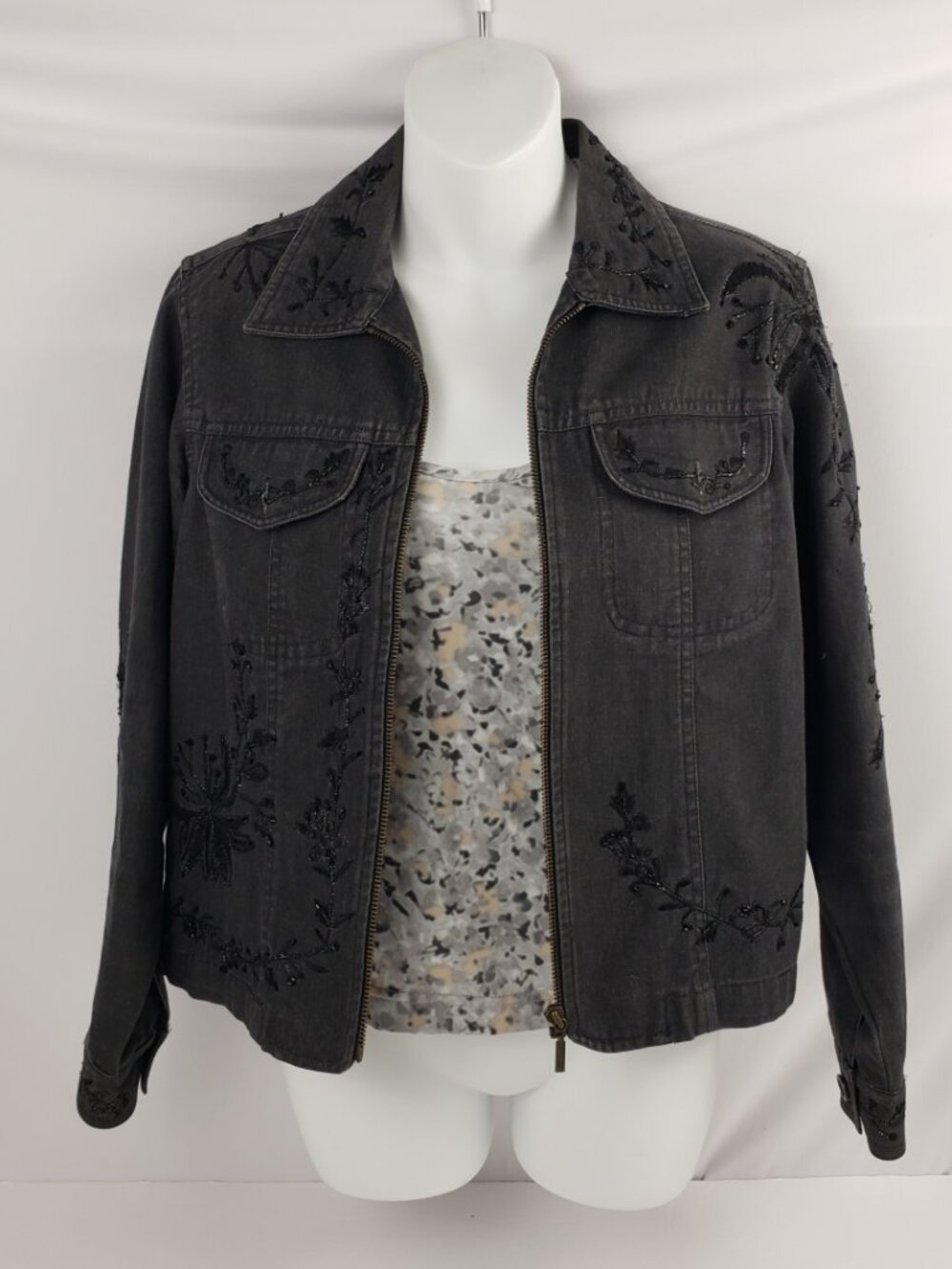 Coldwater Creek PXS Gray Black Beads Embroidery Denim Womens Petite
